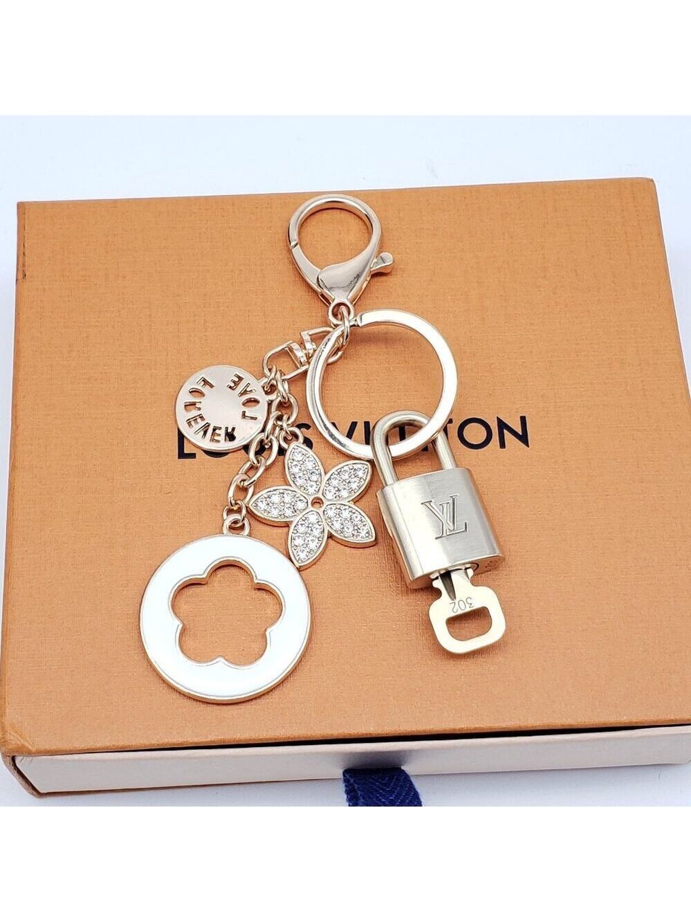 Authentic Louis Vuitton Gold Lock & Box w/ Unbranded Flower Bagcharm